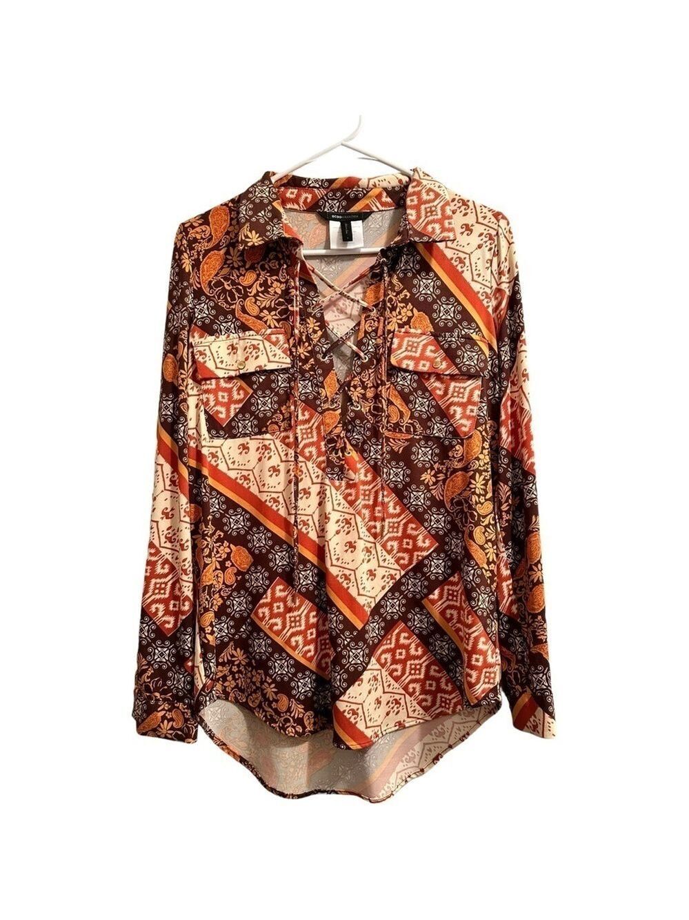 Fall Lace up Blouse Small Multicolored Geometric Long Sleeve Pockets BCBGMAXAZRI